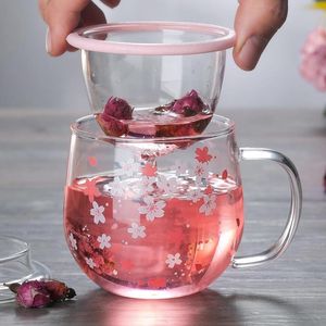 Tazas Taza de cristal de flor de cerezo de doble pared con tapa Filtro de té perfumado Taza de café de doble capa Navidad