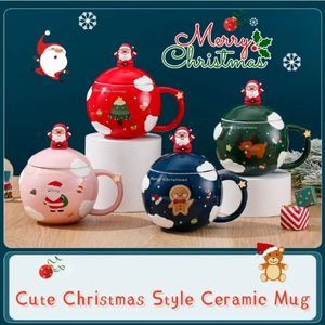 Tazas Taza de café navideña creativa Taza de cerámica de dibujos animados lindo Juego de tazas de desayuno con té con leche con tapa y cuchara Regalos de año navideño 231121
