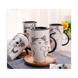 Tazas Taza de café de cerámica de gato lindo con tapa de gran capacidad 600 ml Tazas de bebidas creativas de animales Regalos de novedad Taza de leche Entrega de gota DHFRQ