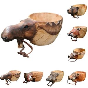 Tasses Kuksa Tasse en bois sculptée à la main Guksi Animaux Tête Image Tasse Forme animale Portable Camping Drinking2672