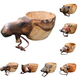 Tasses Kuksa Tasse en bois sculptée à la main Guksi Animaux Tête Image Tasse Forme animale Portable Camping Drinking286l