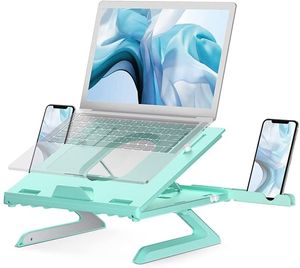 Suporte para laptop ajustável em vários ângulos, riser para laptop portátil com pernas dobráveis integradas e suporte para telefone, suporte para laptop ventilado a ar verde menta
