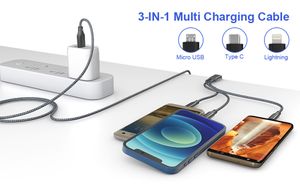 Câble de Charge multiple 1.2M cordon tressé en Nylon câble de chargeur USB 3 en 1 pour i téléphone téléphones portables Android tablettes Charge à usage universel
