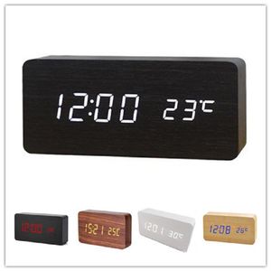 Control de sonido de la temperatura del despertador de madera LED multifunción Control de sonido Little Night Light Display de escritorio electrónico Reloj 2734