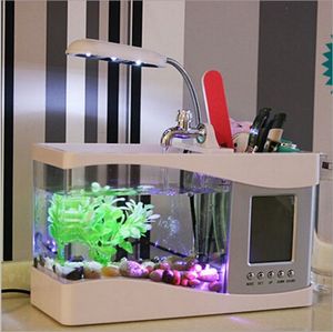 Hogar Mini Fish Tank Multifuncional Clear Fishbowl LED Night Light Alarm Clock USB Aquarium Safety 8 5fc BB