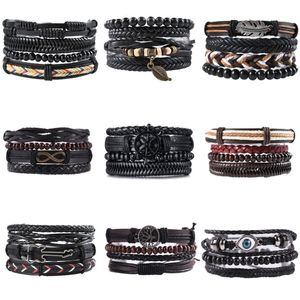 Bracelets en cuir rétro multicouches pour hommes, ensemble de 4 pièces de perles, ancre infini faite à la main, bijoux enroulés