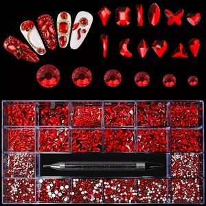 Múltiples formas 3D Rienos de uñas traseras 3D, gemas de uñas rojas de vidrio AB Crystal Kit con bolígrafo y pinzas Diamantes de clavos para la nave de bricolaje, cara
