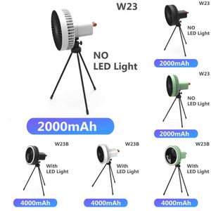 Ventilador eléctrico de campamento eléctrico multifunción Ventilador de techo de enfriamiento de stand de trípode recargable de escritorio con gotas LED al aire libre