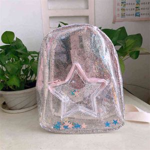 Bolso multifuncional Cute Glitter Stars Hombro en forma de corazón Mochilas escolares Niños PVC transparente Niños Mini mochila para mujeres Y1105