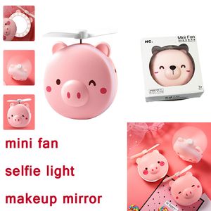 Miroir de maquillage de poche Portable multifonctionnel, ventilateur de dessin animé, Mini beauté, rechargeable par USB, lumière LED pour Selfie