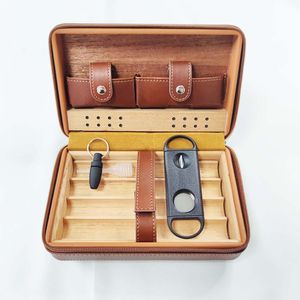 Multifunctional Travel Set Cedarwood Cigar Box Travel Leather Cigar Box Storage of 4 Cigar Boxes Portable Cedarwood Cigar Humidifying Box