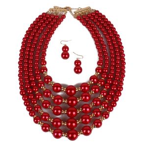 Collier ras du cou en perles d'imitation multicouches et boucles d'oreilles goutte ensemble perles rouges blanches faux collier Sautoir pour les femmes fête de mariage