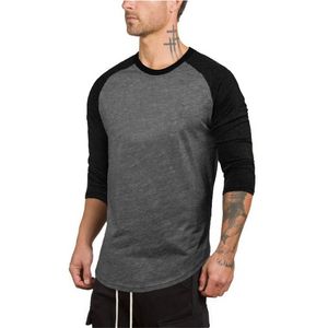Muscleguys Fashion Fitness O-cuello T Shirt Hombres Sólido Patchwork T Shirts Hombre Siete Cuarto Manga T Shirt Slim Fit Tee Shirts 210421