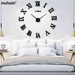 Musein 2021 nouveau 3D miroir romain horloge murale décor à la maison grande taille autocollant mural horloge mode Quartz montres accepter en gros H1230