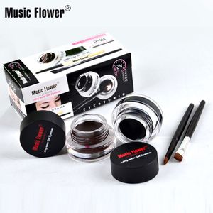 Music Flower 2 en 1 Coffee + Black Gel Cream Eyeliner Cosmética impermeable Set Liner de ojos + Cepillos Cosméticos de maquillaje
