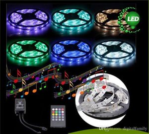 Tira de LED de música 5M 5050SMD RGB 12V Sensor de sonido de música Tira de luz LED regalo de Navidad Controlador IR impermeable 20 teclas Incluye adaptador 5set