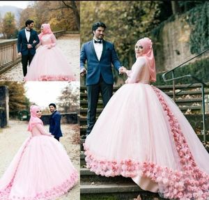 Vestido de bola nupcial musulmán vestidos de novia de color 2020 cuello alto mangas largas 3D-Apliques florales Arabia Saudita vestido de novia hecho a medida