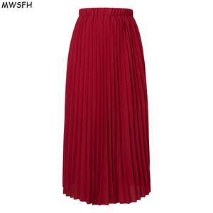 MWSFH Otoño Mujer Falda larga de gasa plisada Sólido Retro Maxi Faldas Mujer Artificial Piano Falda plisada Mujer Jupe Femme