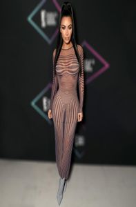 Misterioso kim kardashian sinuoso stripe vestido sexy de malla pura manga larga back slit maxi bodycon Vestido para mujeres Vestidos M9735362