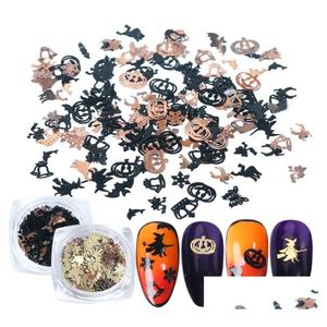 Decoraciones de arte de uñas 120 unids Pegatinas de Halloween Parche Oro Negro Metal Calabaza Bruja Araña Murciélago Adornos DIY Decoración Manicura Lentejuelas Gl Dh5U3