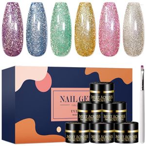 Nail Gel MEET ACROSS 6pcs Glitter UV Polish Set Manicure Art Shiny Base y Top Coat Laca Soak Off Led Barniz