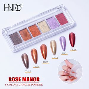 Nail Glitter HNDO 6 en 1 Rose Manor Solide Miroir Chrome Poudre Cas pour Art Décoration Manucure Conception Pigment Poussière 230802