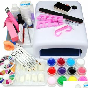 Juego de manicura para uñas, venta al por mayor, 36 W, lámpara Uv blanca, limpiador de Gel, capa superior, puntas falsas, bola de diamantes de imitación, aceite para cutículas, cortador de platos Dappen Fo Dhspo