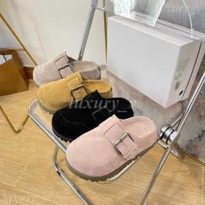 Diseñador de zapatillas de lobos desnudos Boston Clogs Women Mujeres Cork Flat Tobas de gamuza envueltas Mulas de gamuza gruesas con caja con caja