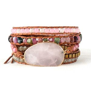 Bracelet en cuir de perles d'inspiration native Tourmaline Quartz rose 5 brins tissés Bracelets d'enveloppement Bracelet bohème Dropship J190721