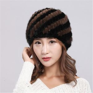 Chapeaux Naturels Et Authentiques Pour Femmes Coiffe À La Mode Knikked Puff Dames Véritable Pelisse Chapeau Féminin Bonnet / Casquettes De Crâne Oliv22