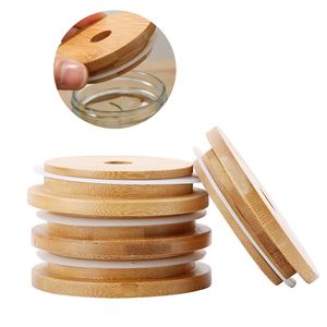 Couvercles de bouchon de bambou naturel Bouchons d'étanchéité en bois de mason en bois réutilisables avec trou de paille et joint en silicone
