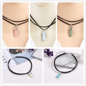 Colliers avec pendentif pendule Chakra en cristal naturel pour femmes, opale de Quartz Rose, pierre hexagonale en cuir, chaîne ras du cou, collier de déclaration