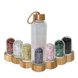 Botella de agua de cristal Natural, piedra energética, cuarzo triturado, botellas de cristal curativo, tapa de bambú con cuerda, taza para la salud