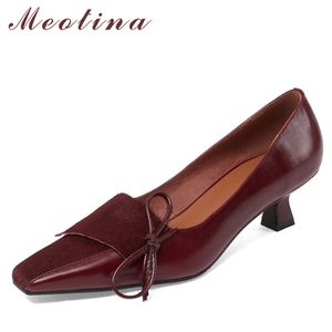 Escarpins en cuir véritable naturel femmes chaussures bout carré Med talons nœud talon aiguille chaussures femme robe vin rouge taille 40 210517