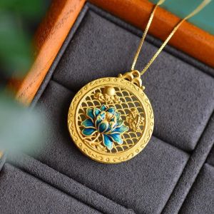 Collier en Jade naturel Hetian pour femme, chaîne de clavicule en or jaune 14 carats, Vintage, Style chinois, pendentif en plaque ronde Lotus