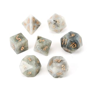 Natural Labradorite Loose Gemstones Engrave Dungeons And Dragons Game-Number-Dice Customized Stone Role Play Game Polyhedron Stones Dice Set Ornament Wholesale