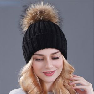 Chapeau d'hiver en fourrure de vison naturel pour femmes fille bonnets tricotés chapeau avec marque épaisse casquette femme Skullies Bonnet crâne casquettes