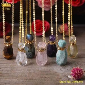 Collier pendentif de bouteille de parfum de pierre d'oeil de tigre de quartz d'améthystes roses naturelles, bijoux de flacon de diffuseur d'huile essentielle de cristal d'or 210721