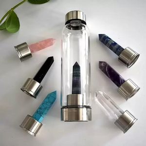 Bouteille d'eau en verre de pierres précieuses de quartz naturel Tasses à boire directe Baguette en cristal d'obélisque Baguettes de guérison Bouteille avec coupe en corde FY5422 0818