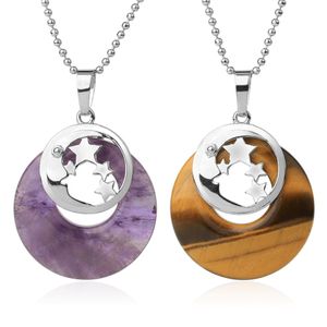 Colliers en pierre naturelle véritable, pendentif rond de guérison, cristal de Quartz, étoile creuse, lune, bijoux tendance Reiki pour femmes