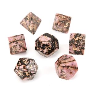 Natural Rhodonite Loose Gemstones Engrave Dungeons And Dragons Game-Number-Dice Customized Stone Role Play Game Polyhedron Stones Dice Set Ornament Wholesale