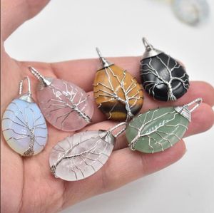 Amuletos de piedra natural, colgantes de árbol de la vida de cristal, rosas, alambre de cuarzo envuelto, joyería de moda al por mayor