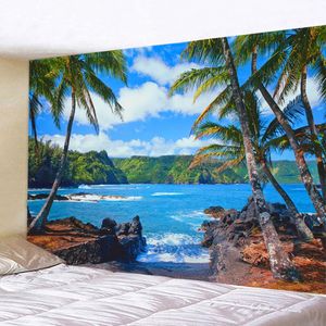 Nature mer paysage tapisserie bord de mer cocotier tenture murale décoratif Art océan plage tapisserie décor à la maison toile de fond plafond 240304