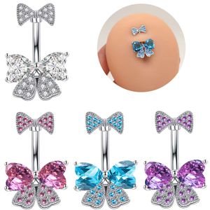 Anillos de botón de campana de ombligo, nudo de lazo de cristal de mariposa, Piercing Sexy de acero inoxidable, joyería para el cuerpo, anillo de ombligo para mujer, color púrpura