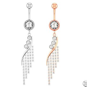 Crystal Rhinestone Tassel Belly Button Ring - Long Dangle Navel Piercing Jewelry in Silver Tone