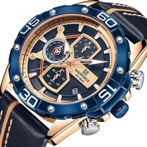 NAVIFORCE Relojes deportivos para hombres Marca de lujo Azul Militar Reloj de pulsera de cuero genuino Hombre Reloj Cronógrafo de moda Reloj de pulsera 211124