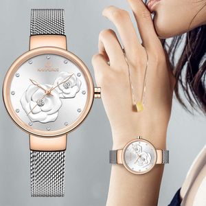 NAVIFORCE Montre à bracelet Femmes Regardez Top Luxury Brand en acier Mesh étanche pour les dames Flower Quartz Femme Wristwatch Charming Girl Clock High Quality