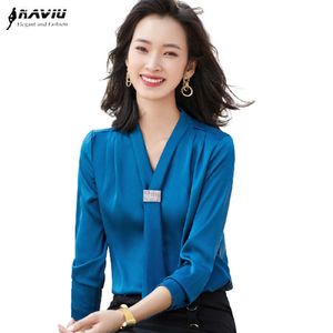 Naviu, alta calidad, Material satinado, camisa con cuello en V profundo para mujer, blusas con lazo a la moda, blusas de oficina para mujer, ropa Formal 210604