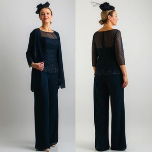 Elegant Navy Beaded Mother of the Bride Pant Suits for Wedding Guest, Sheer Bateau Neck with Long Sleeves Jackets