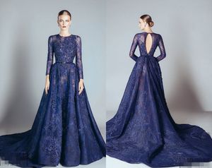 Azul marino Elie Saab Vestidos de noche Vestidos de fiesta formales de encaje Vestidos con una línea Apliques de encaje Cuentas Cuello redondo Mangas largas HY4112